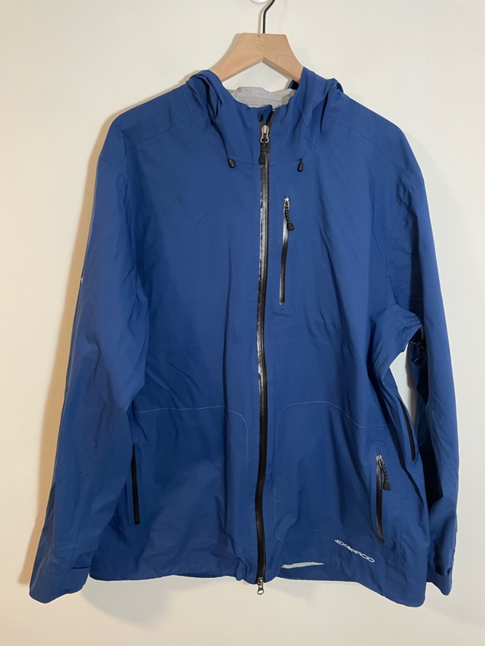 ExOfficio Rain Logic Hooded Jacket Mens XL Blue Waterproof Breathable Outdoors